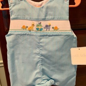 NWT Petit Bebe Smocked Noah’s Ark Shortall. Size 3 months.